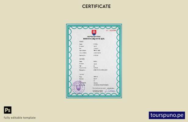 listo para imprimir plantilla PSD de certificado de nacimiento de Eslovaquia